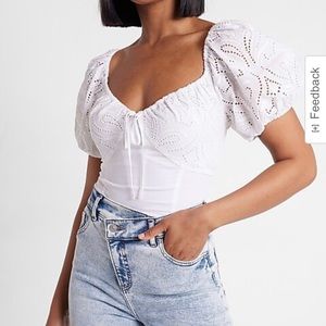 Express Eyelet puff sleeve tie neck thong bodysuit